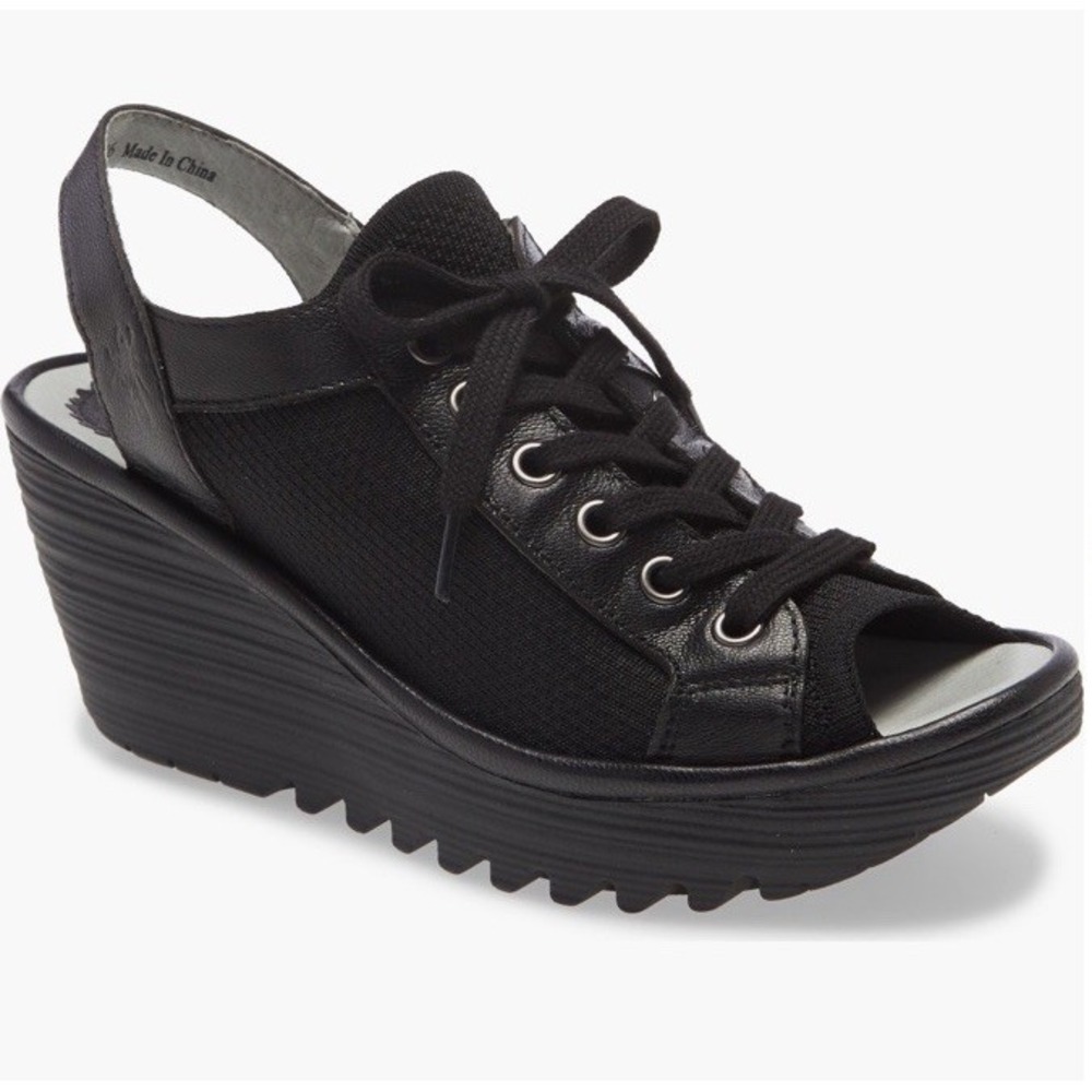 Fly London Yedu Lace-Up Wedge‎ Sandal Rubber Heel Black Sz 39 US (8-8.5)